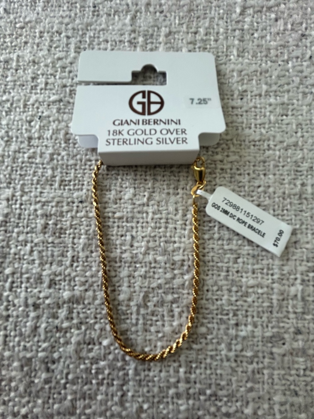 Giani Bernini 18K Gold Over Sterling Silver Rope Bracelet 7.25”